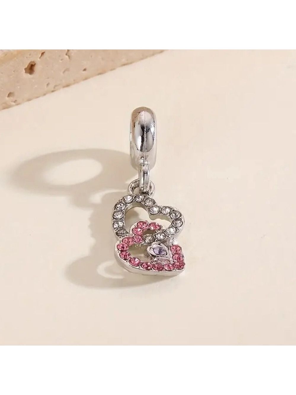 New Silver Double Heart Pink CZ Charm Bracelet Bead